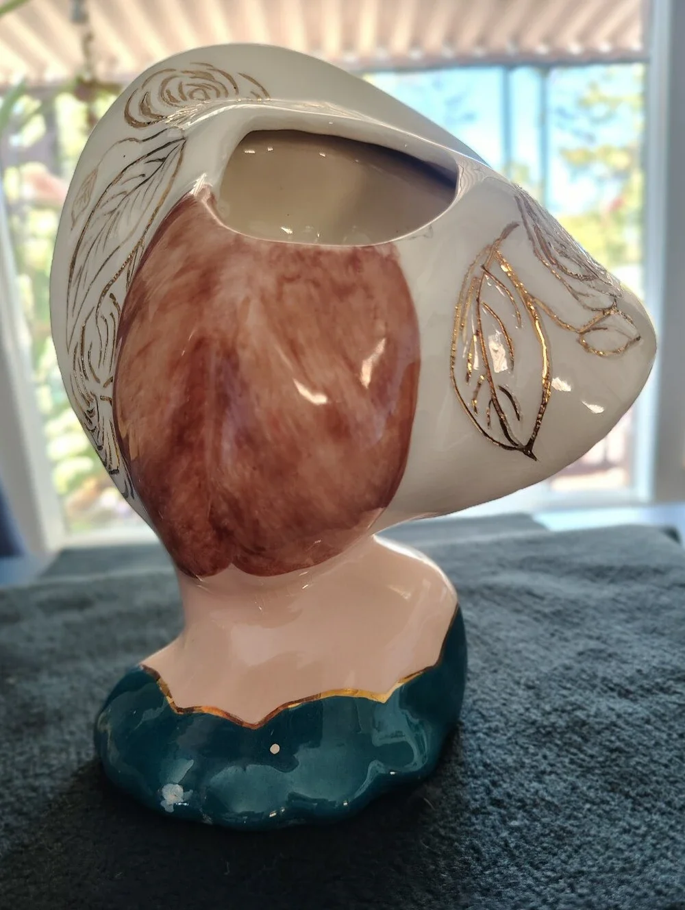 Lady Head Vase Auburn Hair with Green Dress